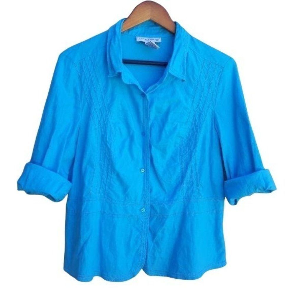 90's Sag Harbor Linen Long Sleeve Button Down Peplum Eyelet Top‎ Blue Sz 14